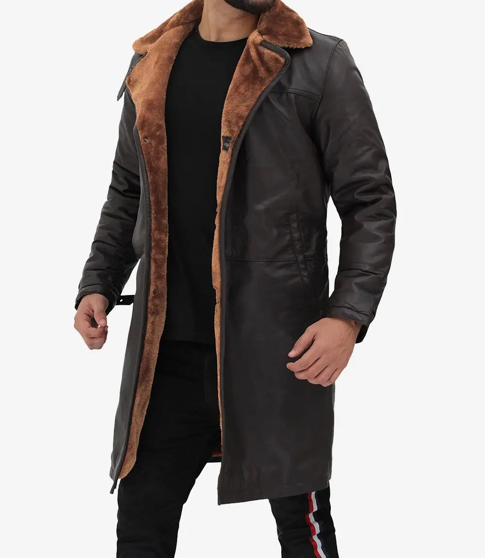 Turlock Men Dark Brown 3/4 Vintage Shearling Long Coat - Custom Leathers