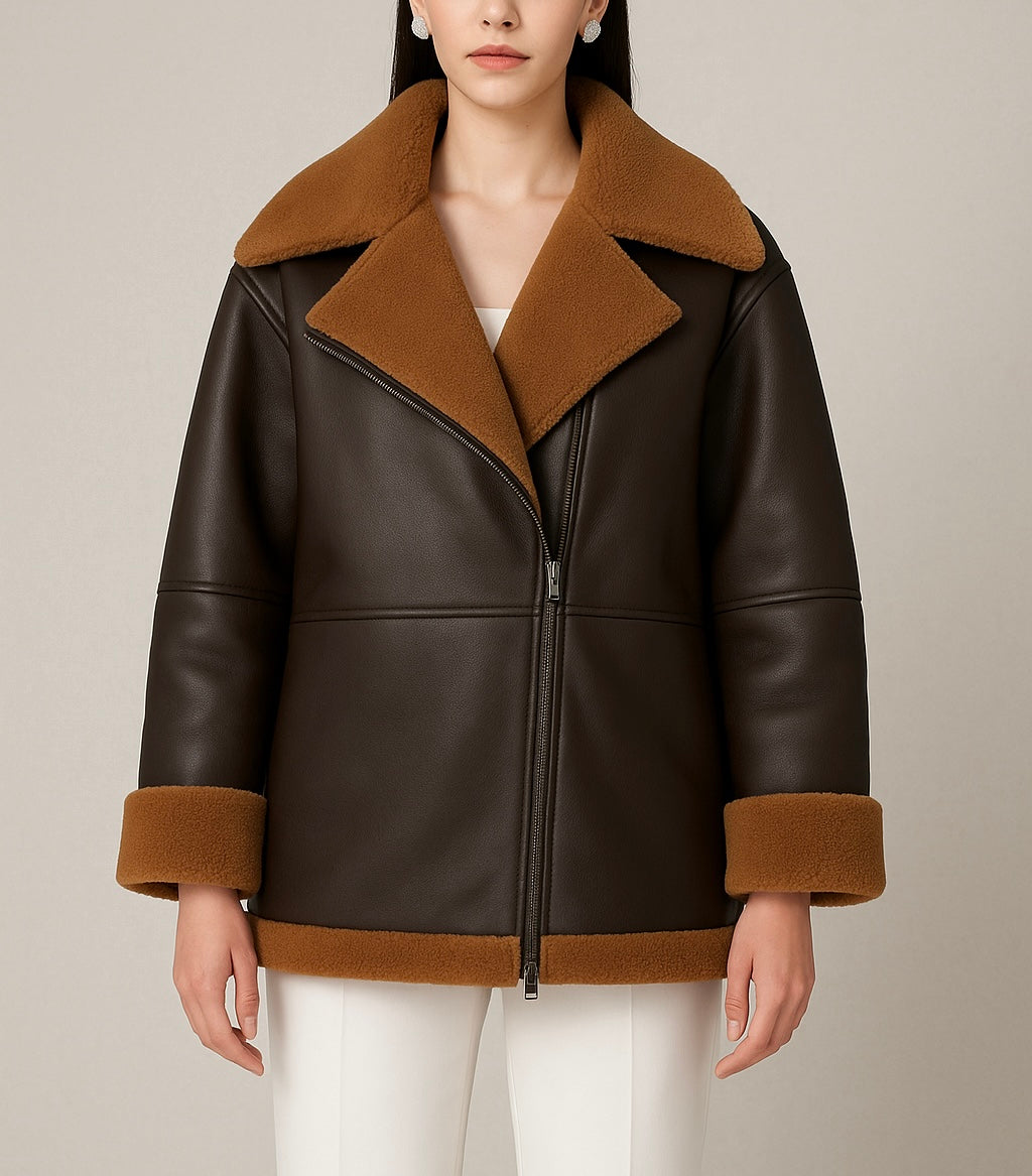 Women’s Dark Brown Shearling Aviator Leather Jacket