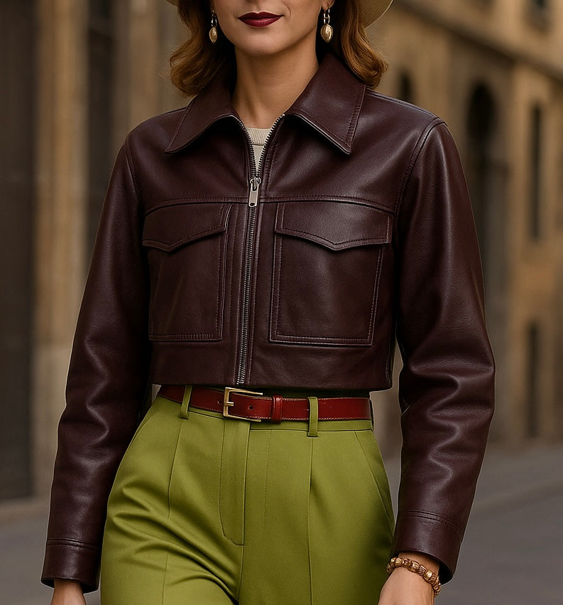 Women’s Deep Burgundy Cropped Leather Jacket