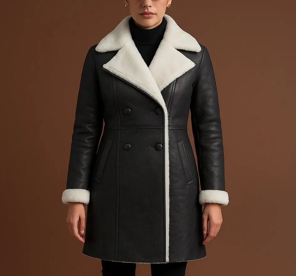 Women’s Black Shearling Leather Coat Custom Leathers