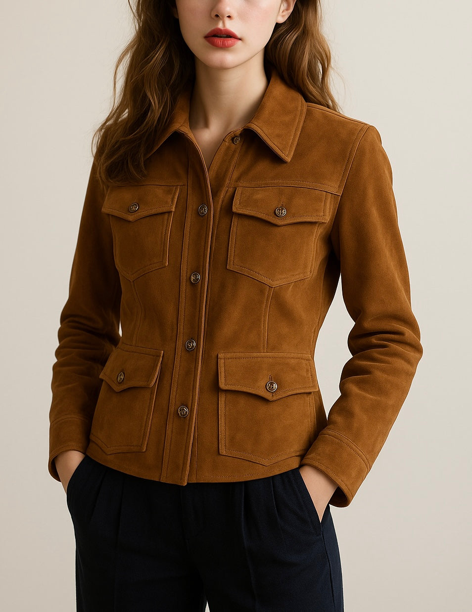 Women’s Camel Suede Utility Leather Jacket