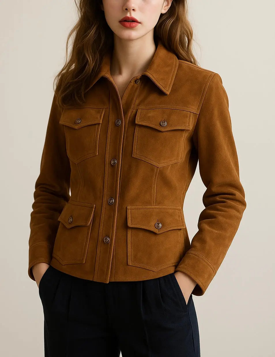 Women’s Camel Suede Utility Leather Jacket Custom Leathers