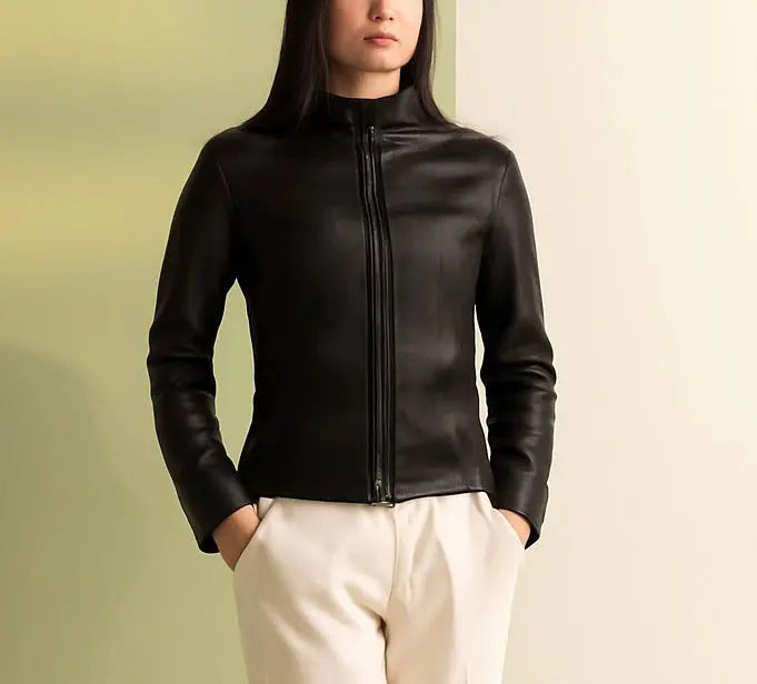 Women’s Black Stand-Collar Leather Jacket Custom Leathers