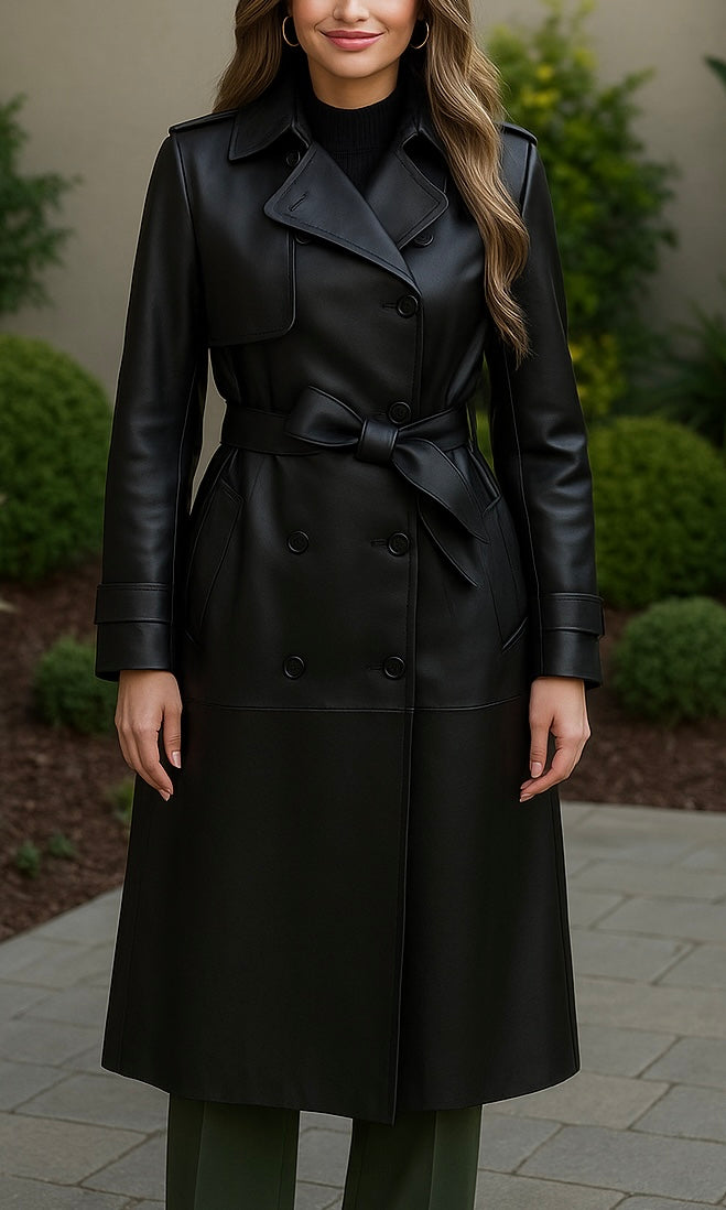 Women’s Black Belted Leather Trench Coat