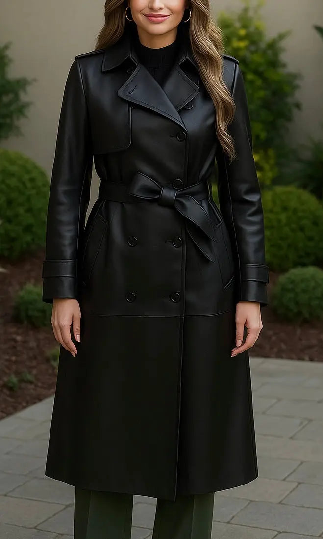 Women’s Black Belted Leather Trench Coat Custom Leathers