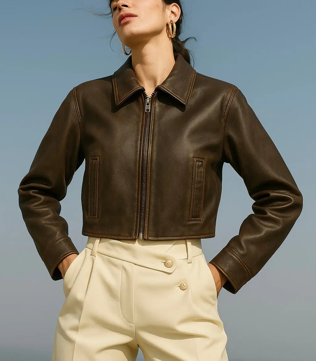 Women’s Dark Brown Cropped Leather Jacket Custom Leathers