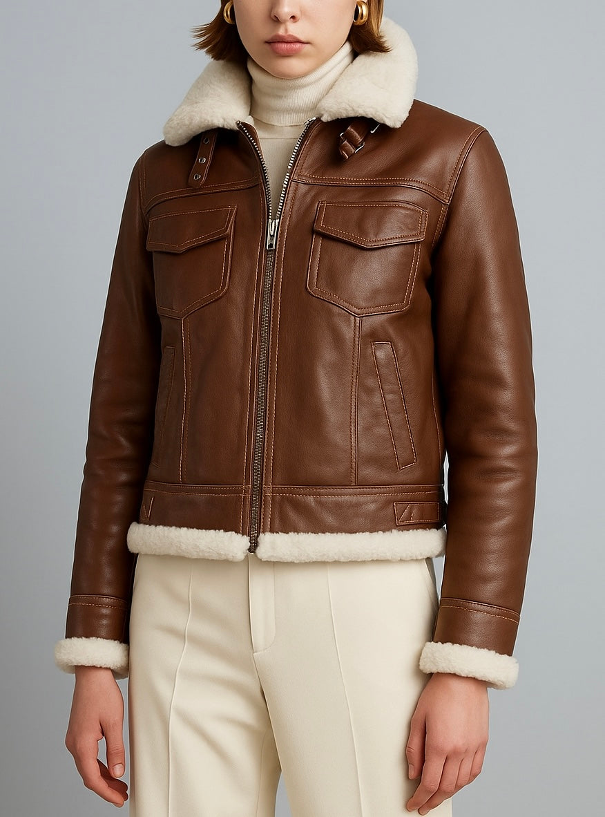Women’s Caramel Shearling-Collar Leather Jacket