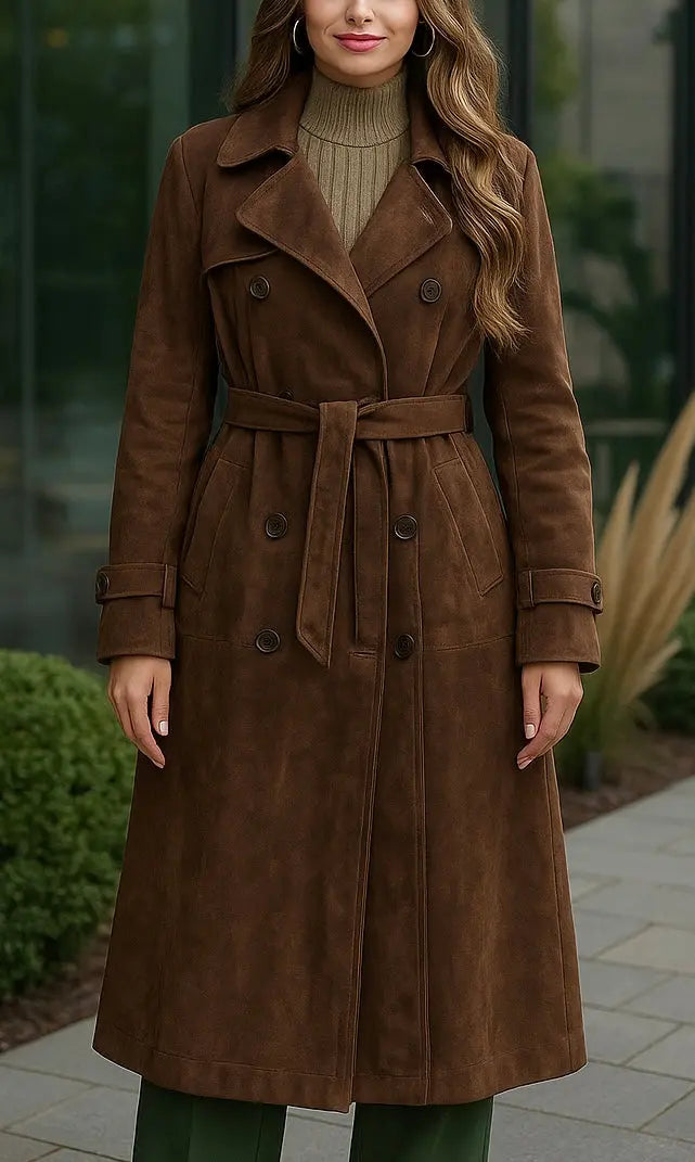 Women’s Chocolate Brown Suede Trench Coat Custom Leathers