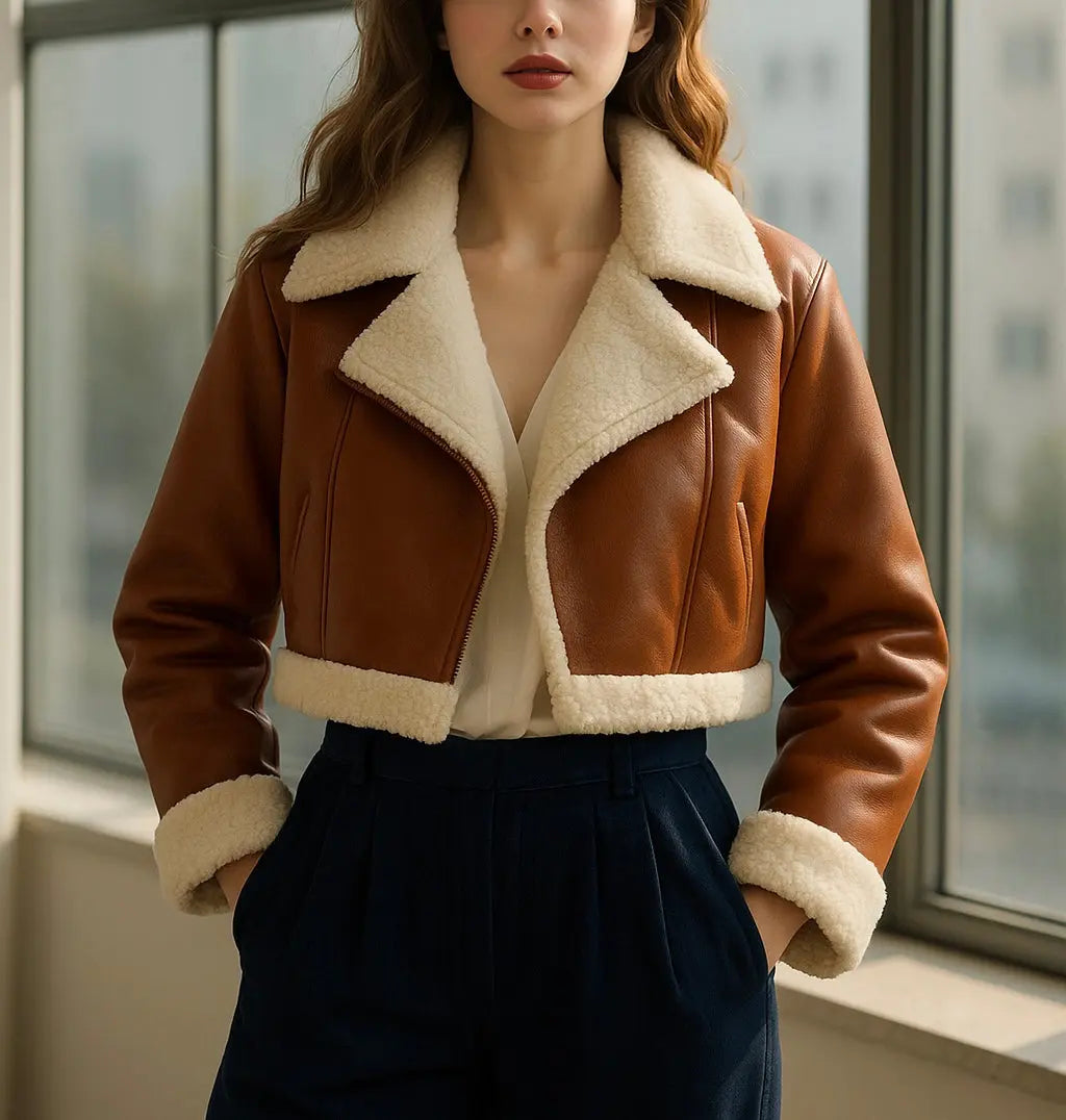 Women’s Caramel Shearling-Trim Cropped Leather Jacket Custom Leathers