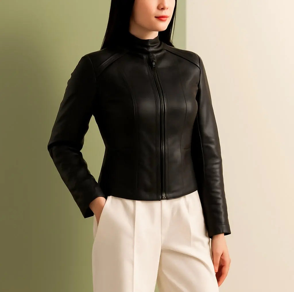 Women’s Black Stand-Collar Leather Jacket Custom Leathers