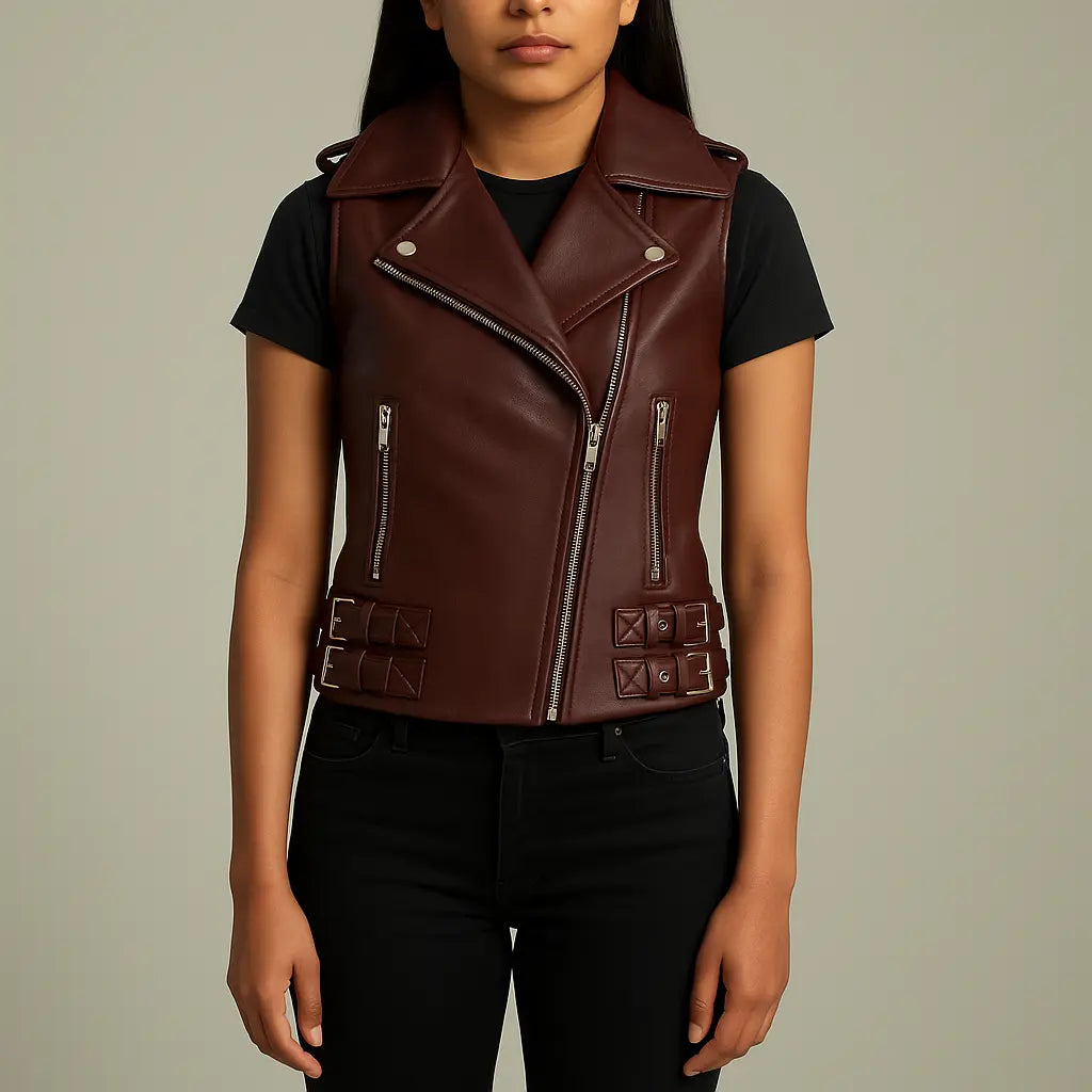 Women’s Burgundy Moto Leather Vest Custom Leathers
