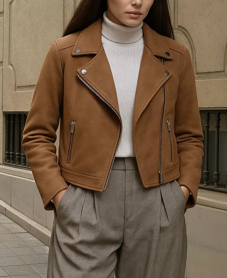 Women’s Camel Suede Moto Jacket Custom Leathers