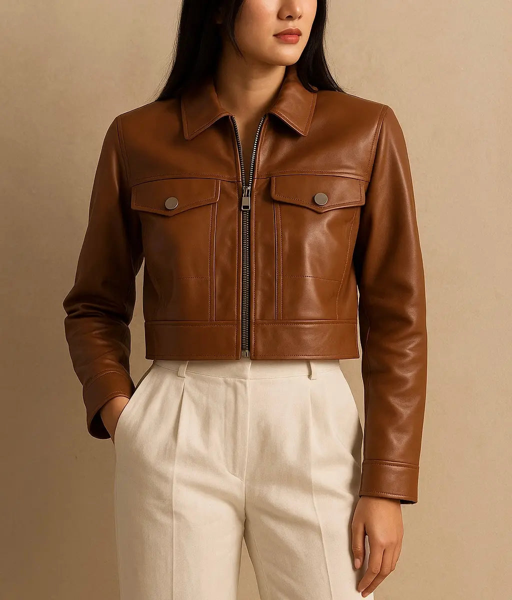 Women’s Caramel Brown Cropped Leather Jacket Custom Leathers