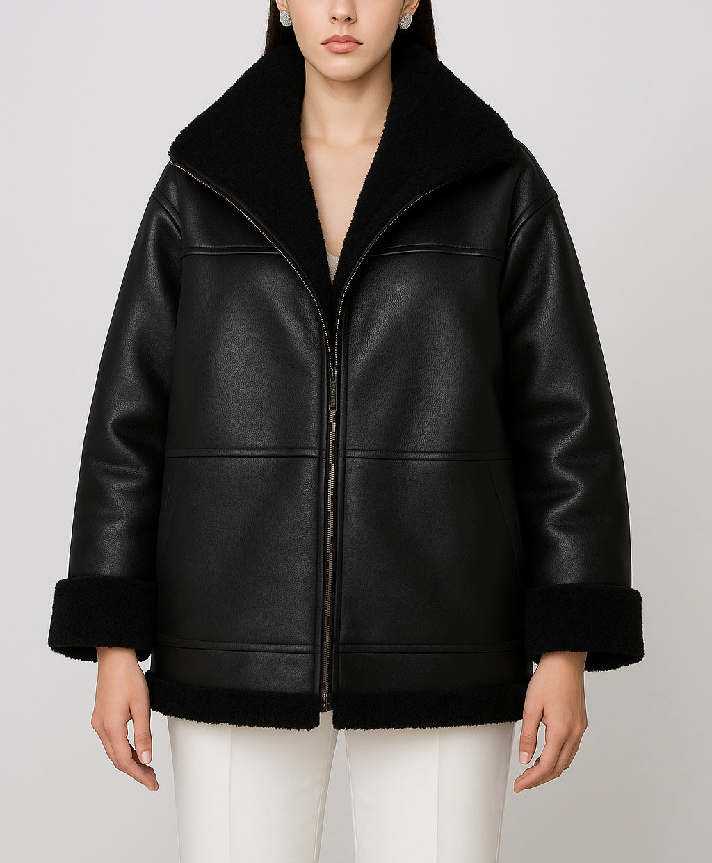 Women’s Black Oversized Shearling Leather Jacket