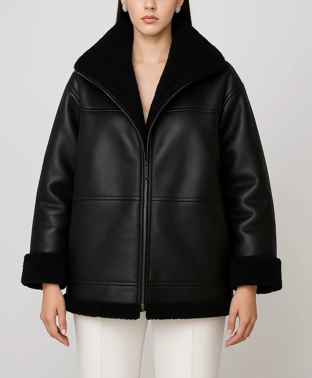 Women’s Black Oversized Shearling Leather Jacket Custom Leathers