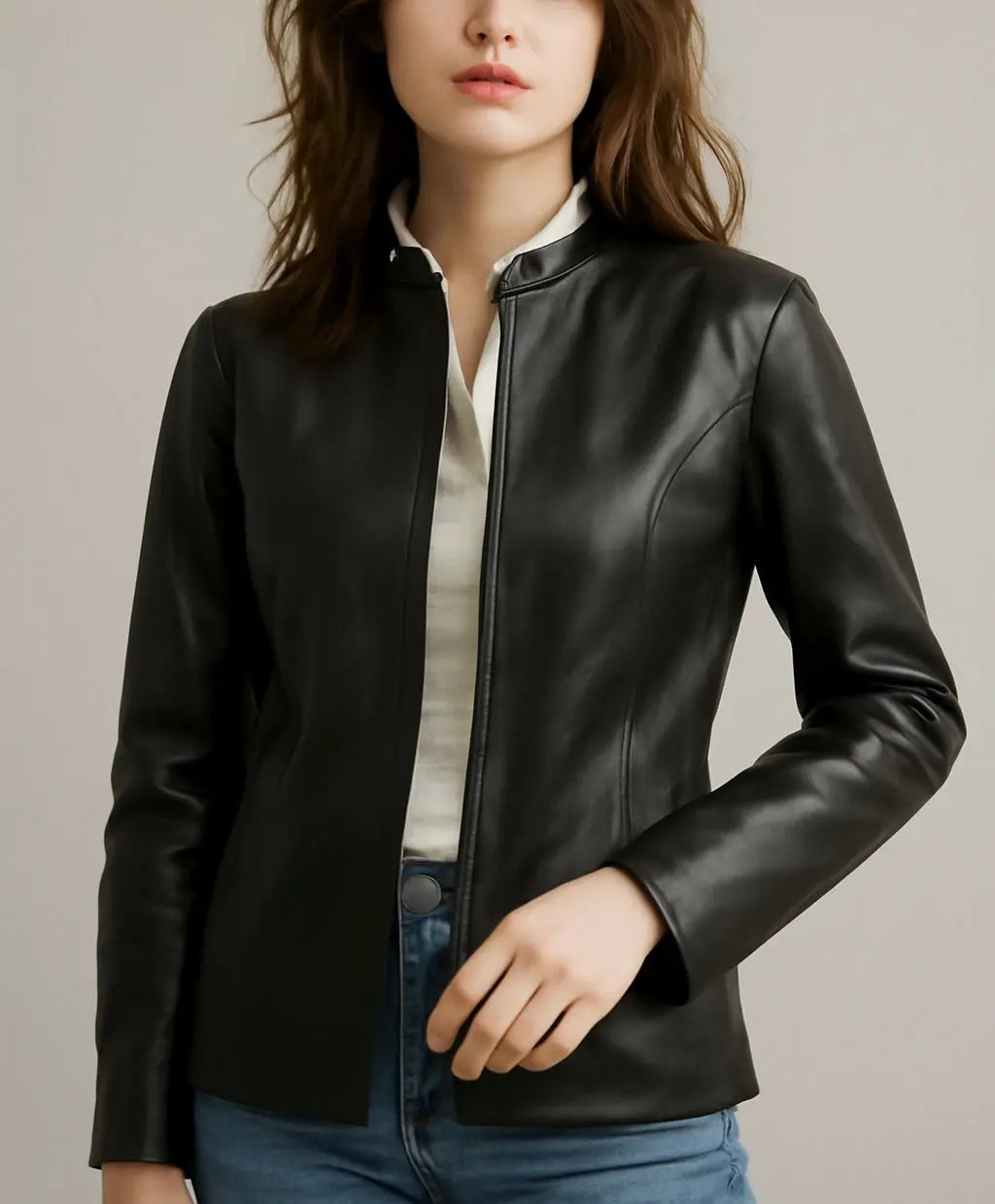 Women’s Black Collarless Leather Jacket Custom Leathers