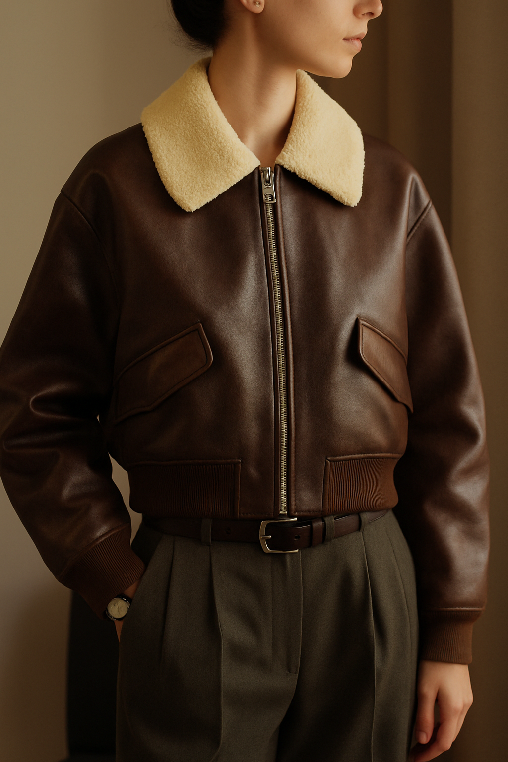 Women’s Chocolate Brown Aviator Bomber Leather Jacket