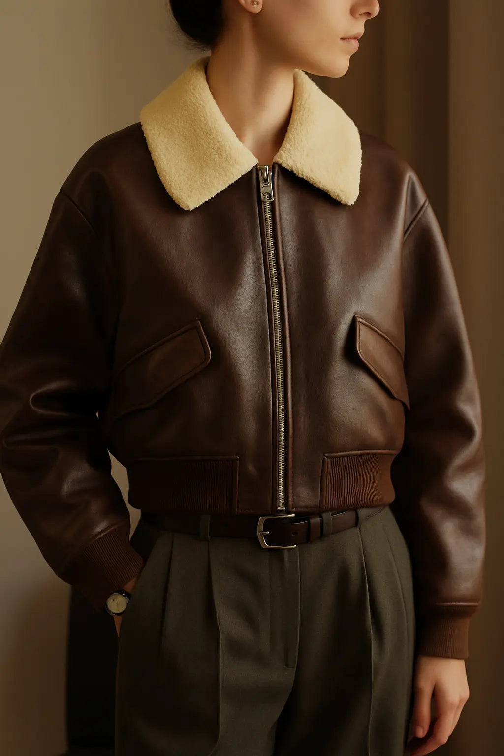 Women’s Chocolate Brown Aviator Bomber Leather Jacket Custom Leathers