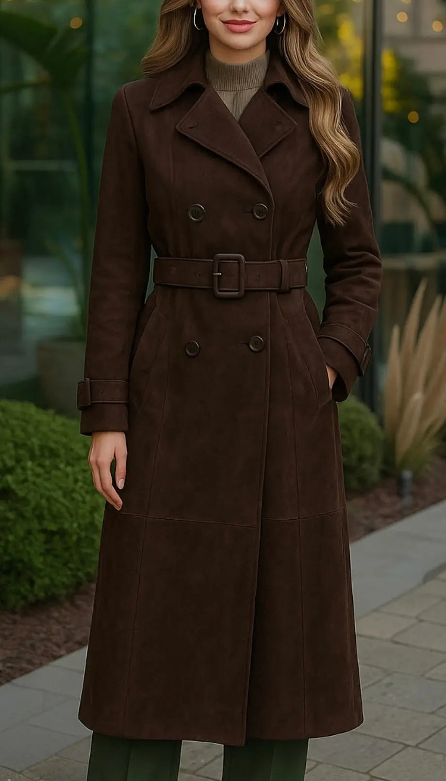 Women’s Dark Brown Suede Trench Coat Custom Leathers