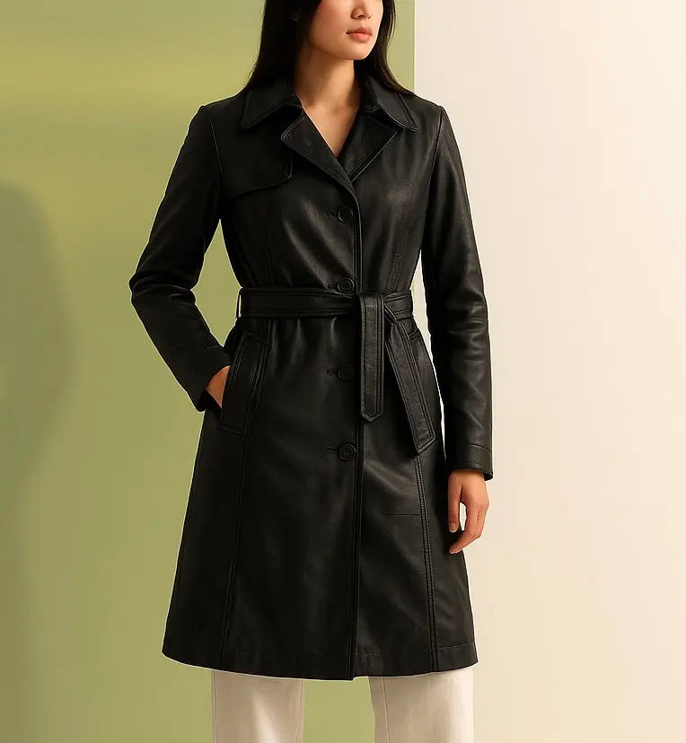 Women’s Black Leather Trench Coat Custom Leathers