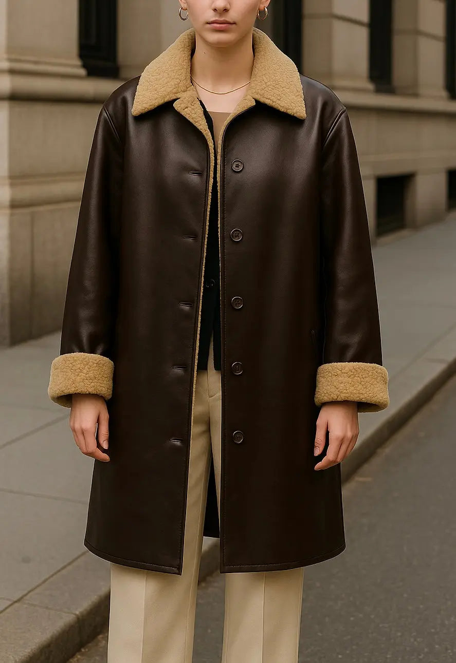Women’s Dark Brown Shearling Leather Coat Custom Leathers
