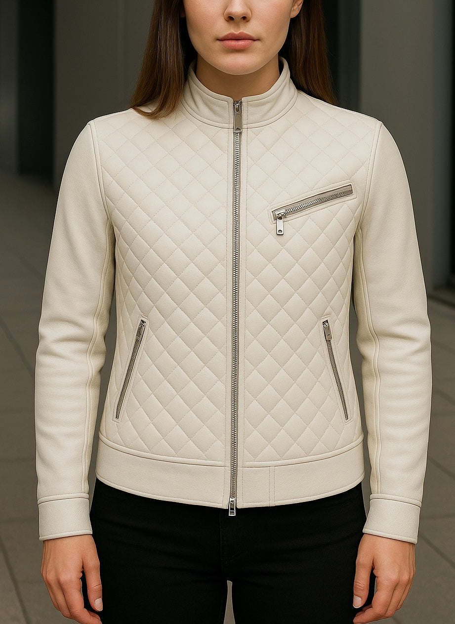 Women’s Ivory Quilted Leather Jacket