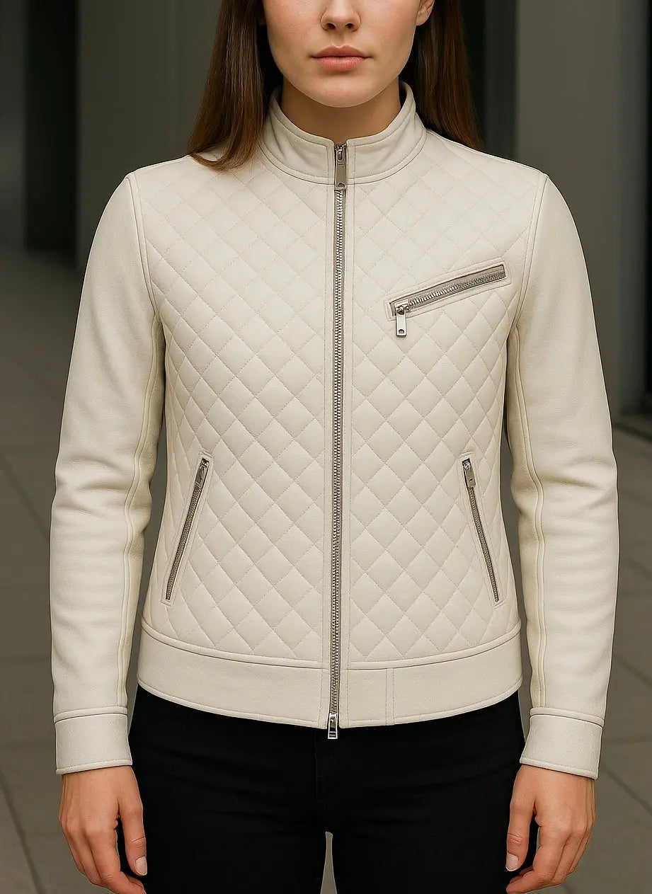 Women’s Ivory Quilted Leather Jacket Custom Leathers