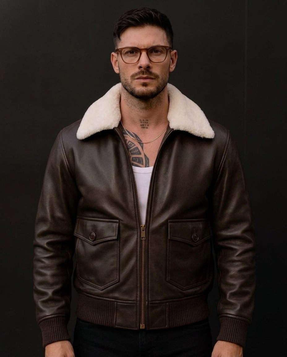 Men's Brown Shearling Collar Leather Bomber Jacket