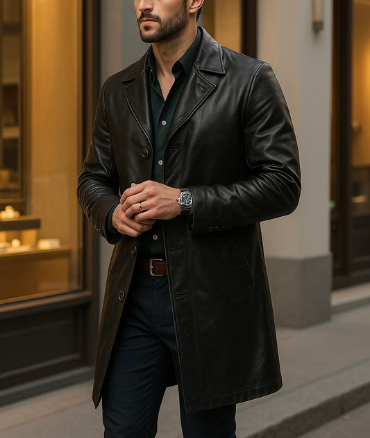 Men's Classic Black Genuine Leather Coat Longline Button-Up Jacket