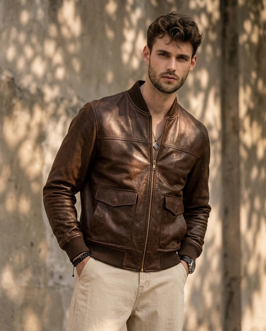 Men's Brown Leather Bomber Jacket
