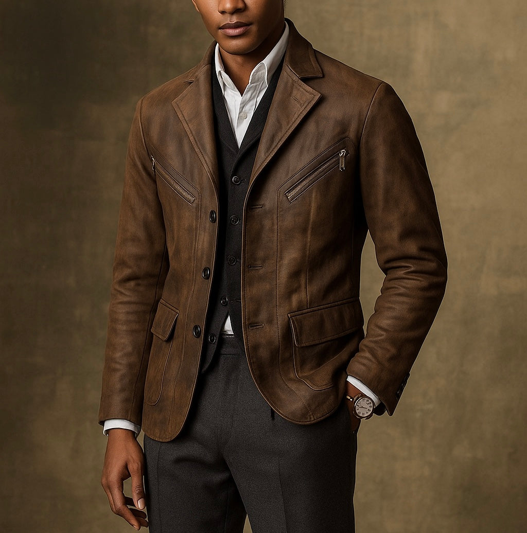 Men's Brown Genuine Leather Blazer Jacket Classic Tailored Fit