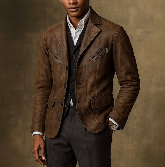 Men's Brown Genuine Leather Blazer Jacket Classic Tailored Fit