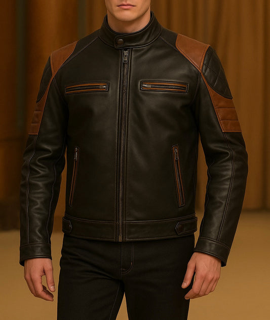 Men's Black and Brown Biker Leather Jacket