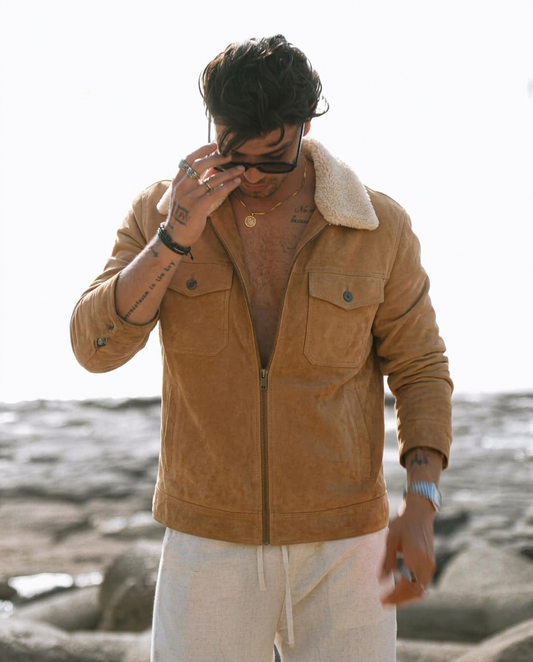 Men's Tan Suede Shearling Collar Jacket