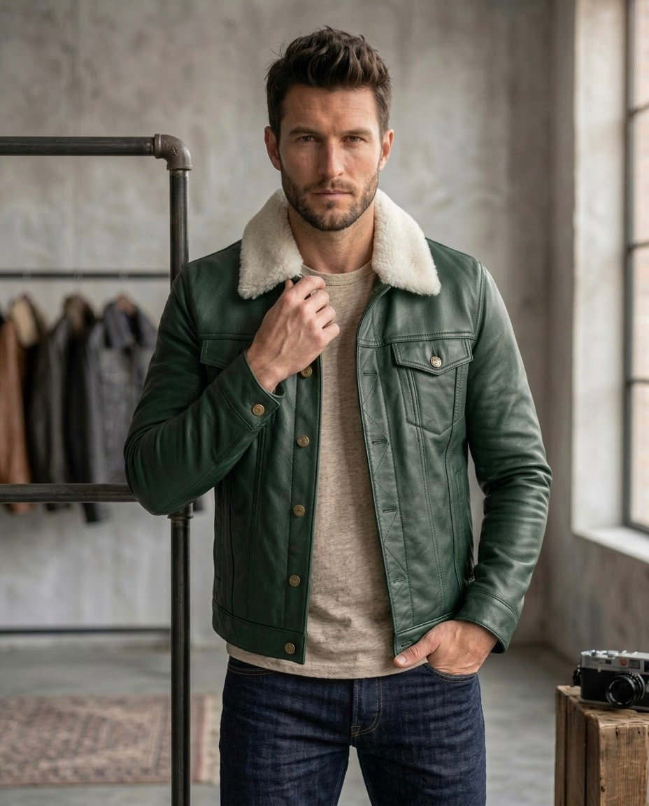 Men's Black Shearling Collar Leather Jacket