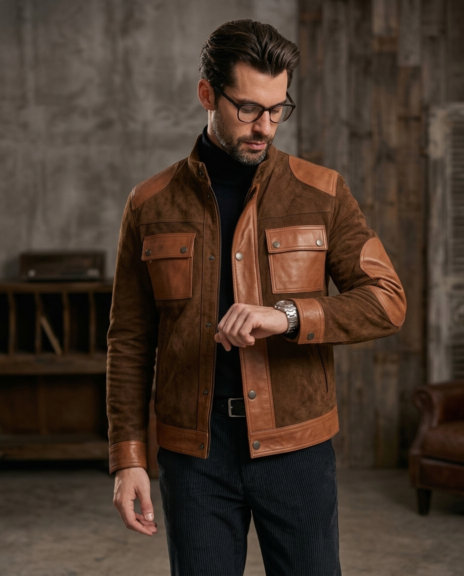 Men's Brown Two-Tone Leather & Suede Jacket
