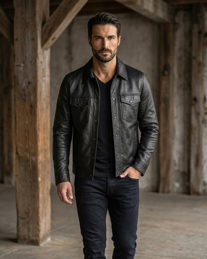 Men's Black Leather Trucker Jacket