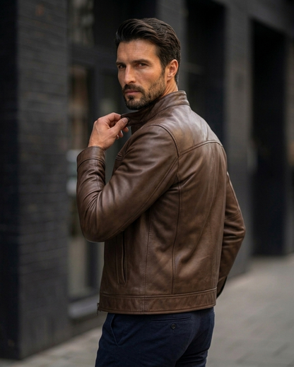 Men's Distressed white Ruff-off  Leather Jacket with Stand Collar