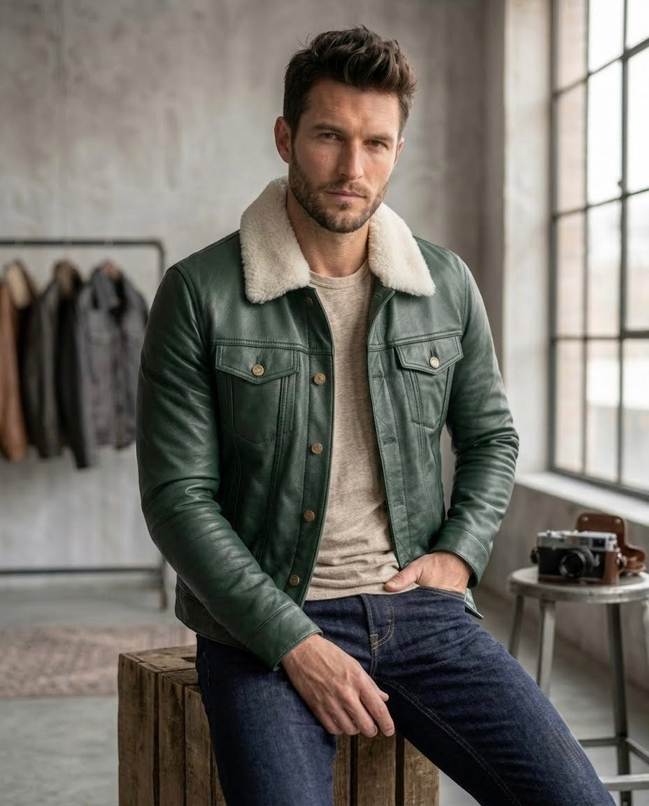 Men's Black Shearling Collar Leather Jacket