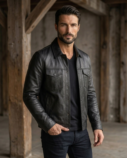 Men's Black Leather Trucker Jacket