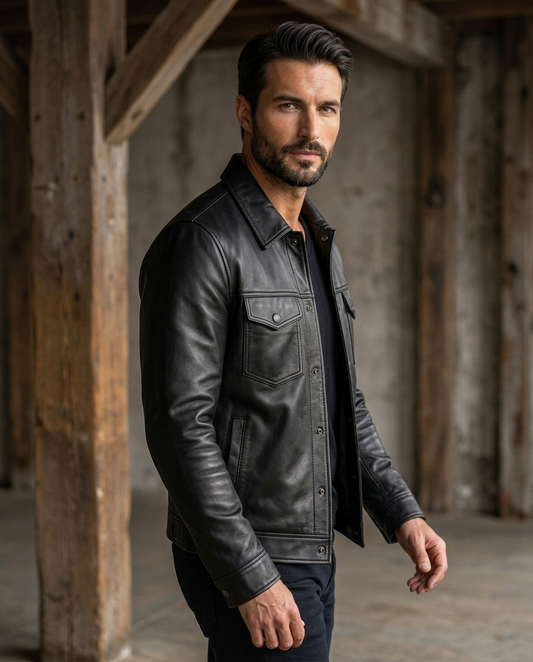 Men's Black Leather Trucker Jacket