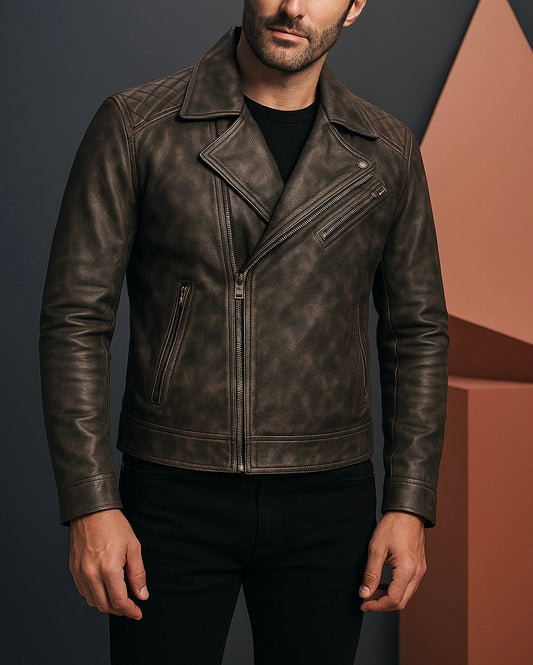 Men's Black Leather Biker Jacket Classic Asymmetrical Zip Moto Style