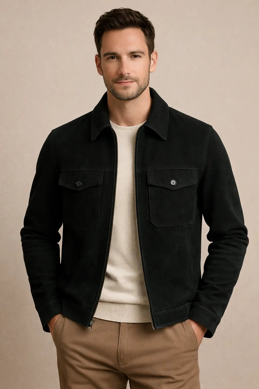 Men's Black Suede Shirt Collar Jacket Custom Leathers