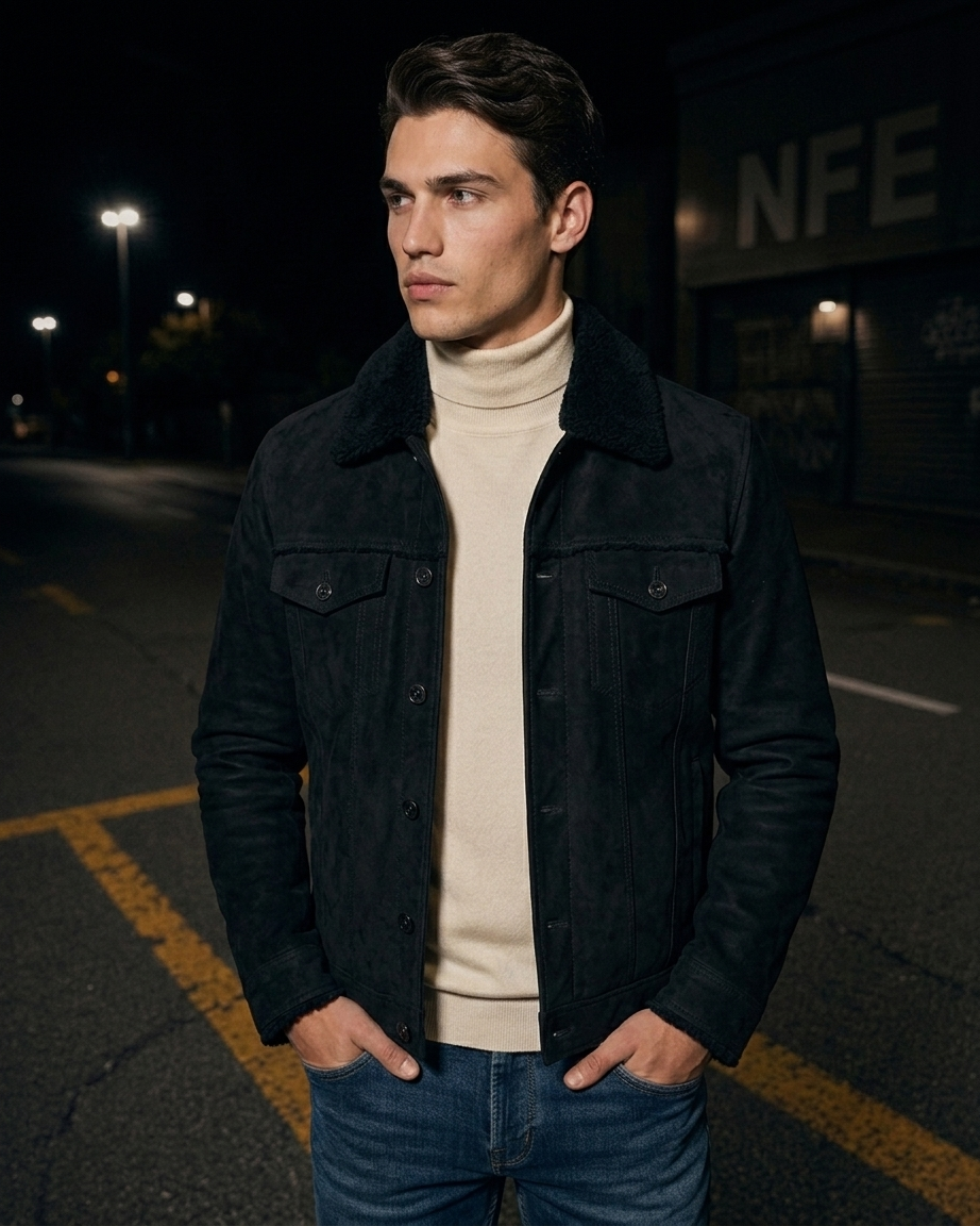 Men's Tan Suede Shearling Collar Jacket