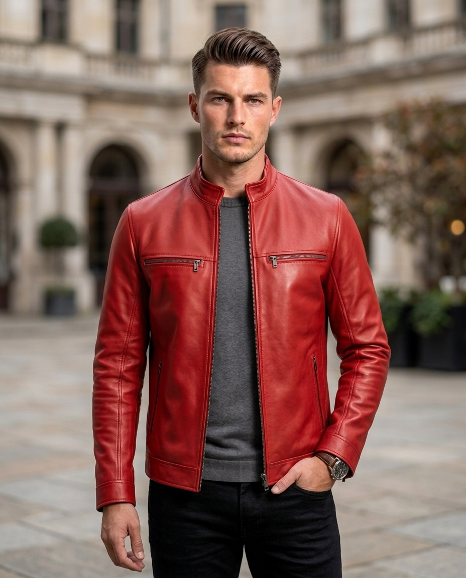 Men's Red Slim Fit Leather Jacket