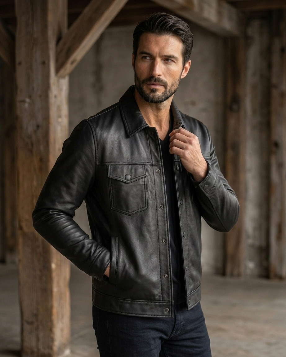 Men's Black Leather Trucker Jacket