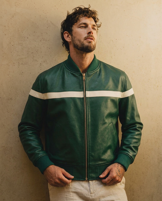 Men's Green Leather Jacket with White Stripe