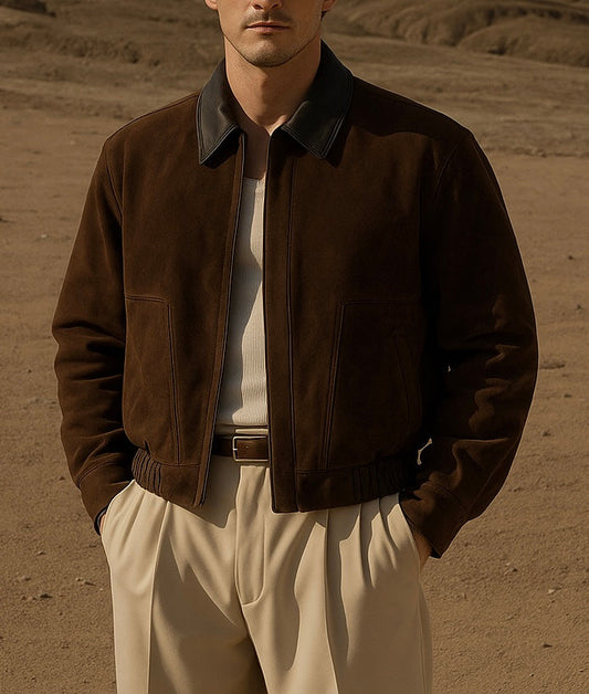 Men's Brown Suede Bomber Jacket Contrast Leather Collar