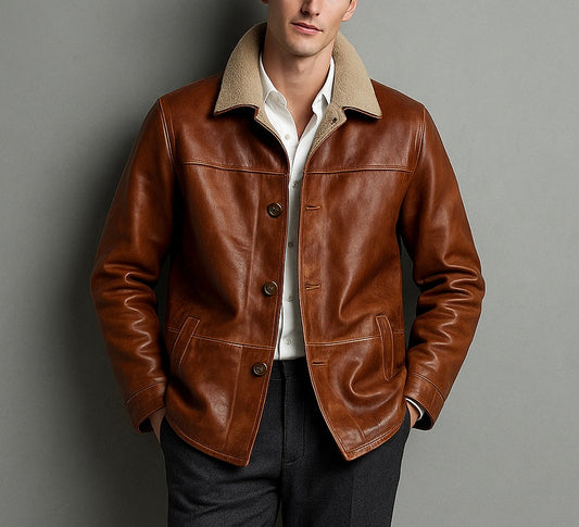 Men's Brown Leather Jacket with Shearling Collar