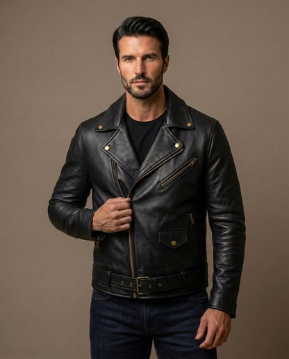 Men's Brown Leather Biker Jacket with Belt